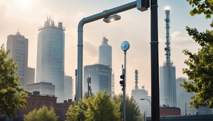 Early morning light washes over an industrial city skyline, blending urban life with the mechanisms of industry.. AI Generation. AI Generation - obrazy, fototapety, plakaty