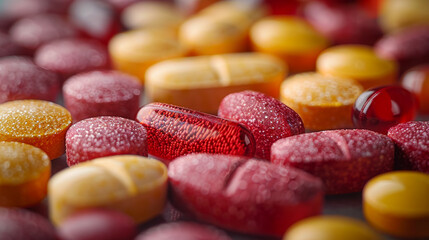 Vitamins for Health: Close-up of various vitamin pills and tablets