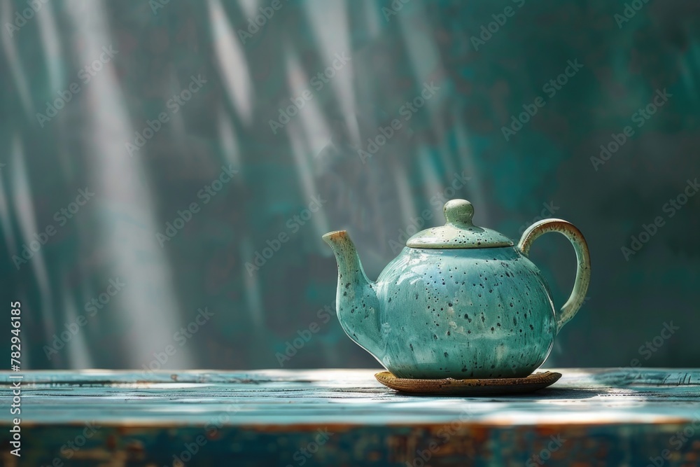 Poster Teapot sitting on a table in front of a waterfall. Ideal for travel and relaxation concepts