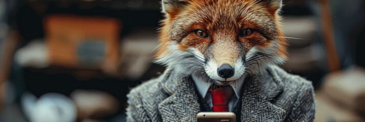 Obraz premium Stylish Fox in Suit and Tie Using Smartphone