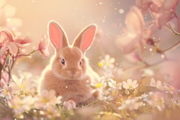 A cute rabbit sitting in a field of colorful flowers. Perfect for nature and animal lovers