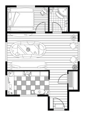 Sketch of interior plan. Detailed apartment furniture overhead top view. Room in flat style. House floor design project
