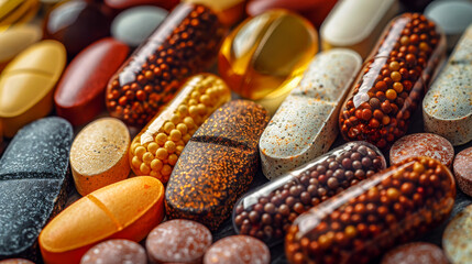 Vitamins for Health: Close-up of various vitamin pills and tablets