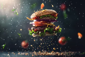 Fotobehang A juicy cheeseburger with lettuce, tomato, and sesame seed © masud
