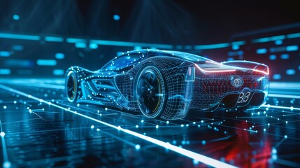 A futuristic sports car technology concept illustrated in 3D with wireframe intersects