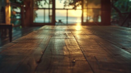 A wooden table placed in front of a window. Suitable for home decor concepts