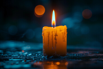 Single white burning candle on black background