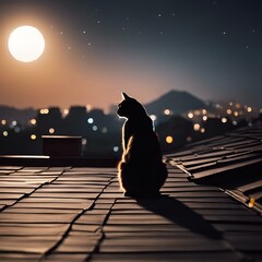 a black cat sitting on a roof with a full moon in the background