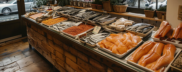 AI-generated illustration of trays of assorted fish displayed on a counter - obrazy, fototapety, plakaty