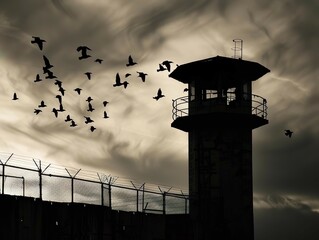 flock of birds over a prison guard tower under a cloudy sky - obrazy, fototapety, plakaty