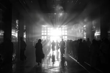 Foto op Plexiglas AI-generated illustration of people silhouetted against bright light at a building entrance © Wirestock