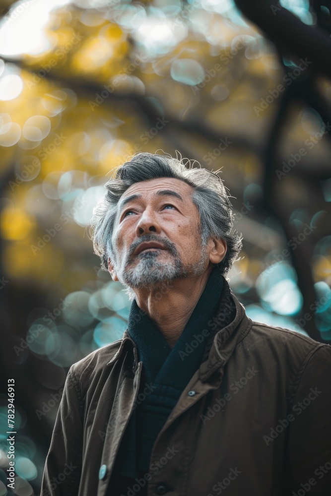 Poster a man standing in front of a tree, gazing up. suitable for nature and outdoor themed projects