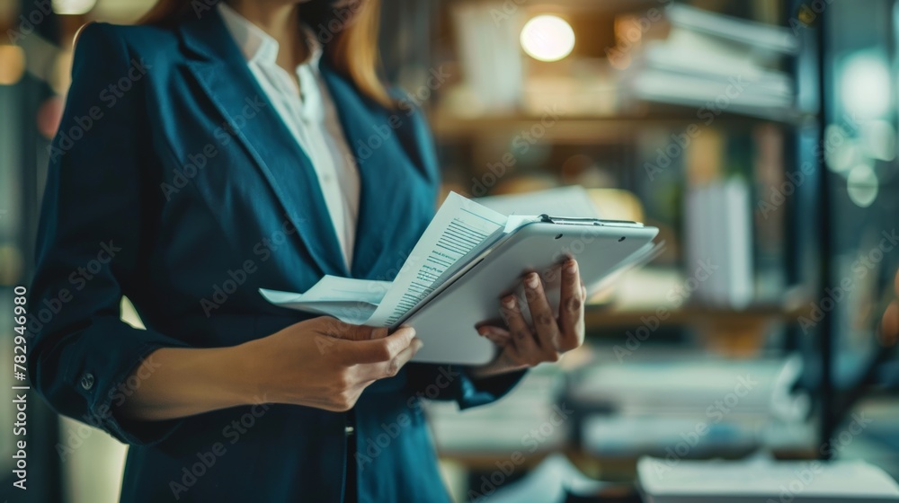 Aufkleber an experienced businesswoman working with a digital tablet and a document management system (dms) to