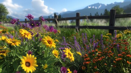 colorful flowers are in front of the fenced off area