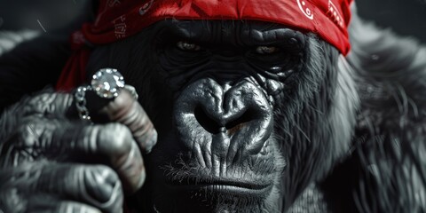 Fototapeta premium Close-up of a gorilla wearing a red bandanna, suitable for various design projects