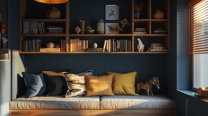 The interior design of this room is modern and minimalistic. It features a cozy reading nook with a built-in bench adorned with various cushions. - obrazy, fototapety, plakaty