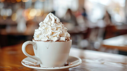 Italian gourmet patisserie - Rich Italian Hot Chocolate with white whipped cream on top blurry background, with empty copy space
