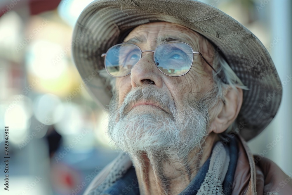 Poster portrait of an older man with a hat and glasses, suitable for various projects