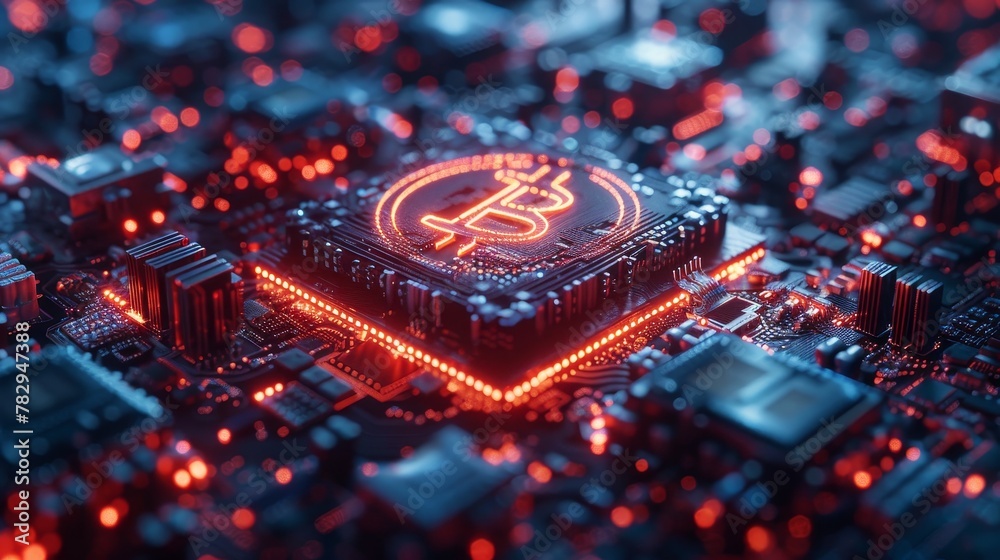 Poster Concept image of blockchain cryptocurrency technology. CPU based miner mining electronic crypto currency. Blockchain fintech technology for banking. A CPU processor chip integrated into a circuit
