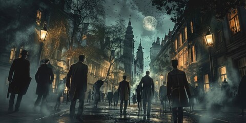 A group of people walking down a street at night. Suitable for urban lifestyle concepts