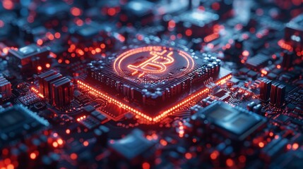 Concept image of blockchain cryptocurrency technology. CPU based miner mining electronic crypto currency. Blockchain fintech technology for banking. A CPU processor chip integrated into a circuit