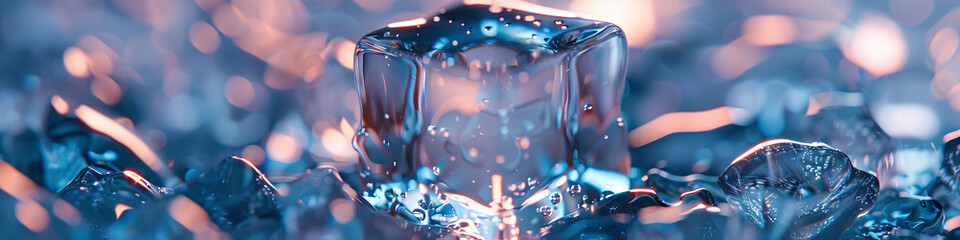 Glistening Ice Cube on Blue Background with Water Droplets