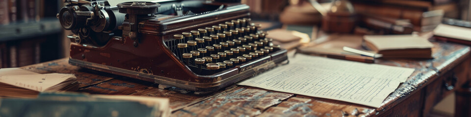 Vintage Typewriter on Antique Wooden Desk with Paper and Books