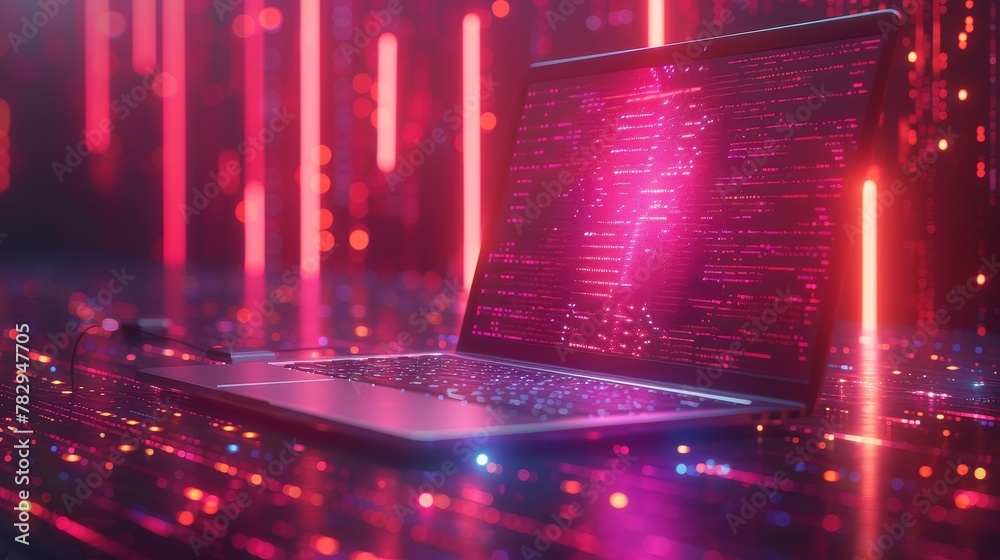 Poster Concept of software development. Computer technology isometric background with script on screen. Laptop hanging over table with code on screen. 3D rendering.