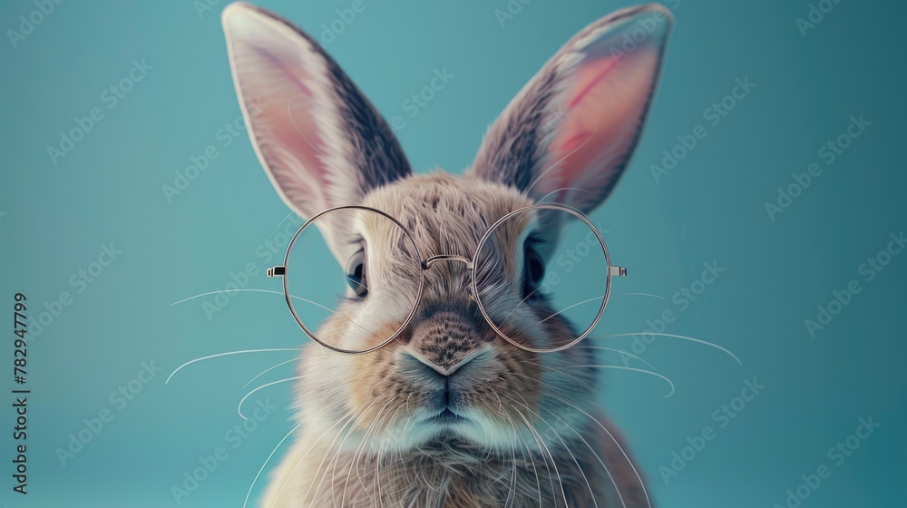 Poster a close up picture of a rabbit wearing glasses. suitable for various creative projects