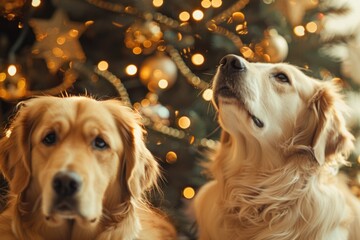 Two dogs sitting next to each other near a Christmas tree. Suitable for holiday-themed designs