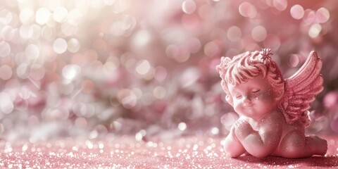 Fototapeta premium A pink angel figurine sitting on a pink surface. Suitable for angelic and religious themes
