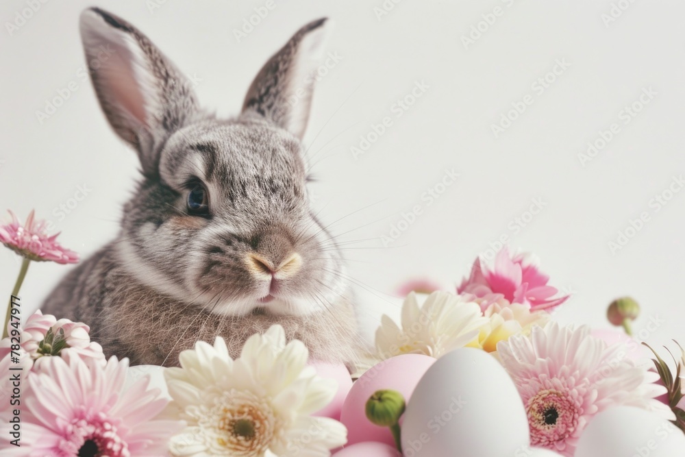 Sticker A cute rabbit surrounded by flowers and eggs. Perfect for Easter decorations