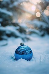 Blue Christmas ornament in the snow, suitable for holiday designs