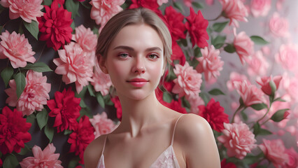 Elegant Allure: A Caucasian Woman Exudes Grace in a Floral Paradise. generative AI
