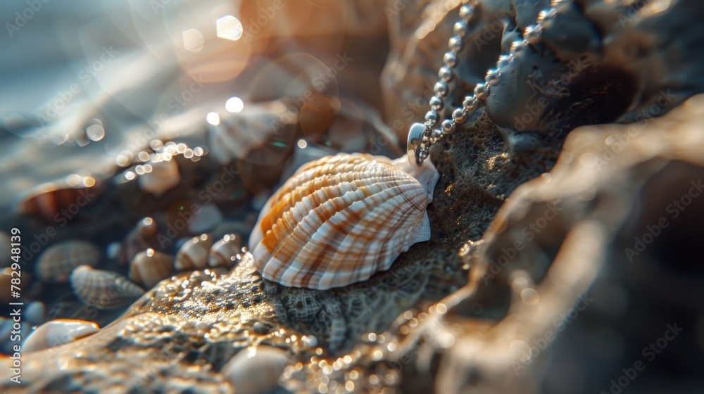 Poster close up of a shell resting on a rock, suitable for nature and beach themes