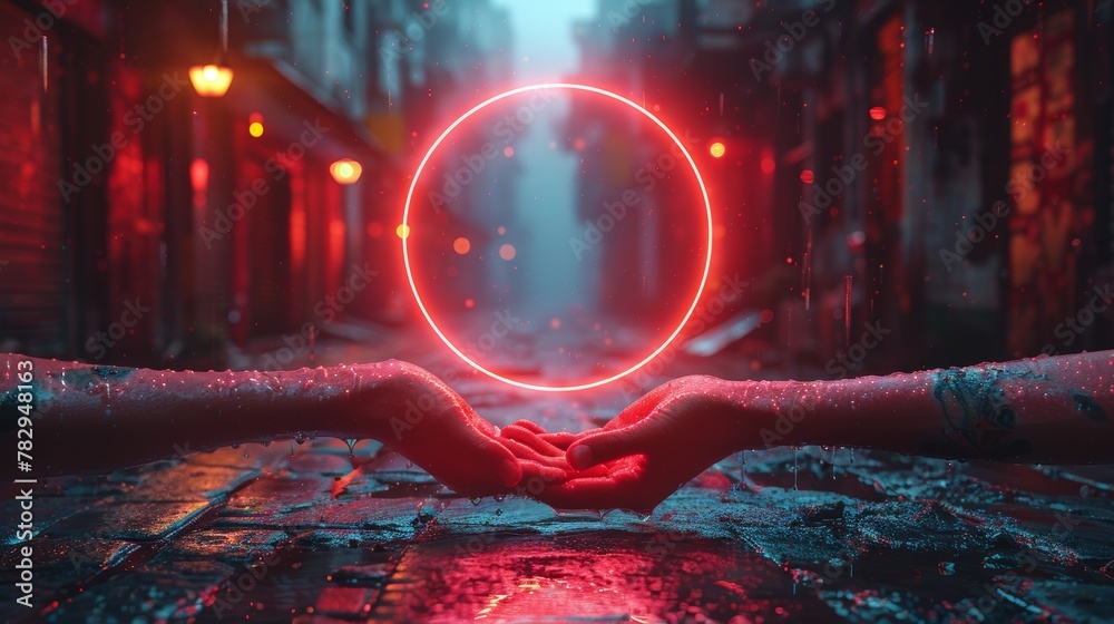 Poster an abstract circle light hanging over the palm of a scientist. this is a template banner for a techn