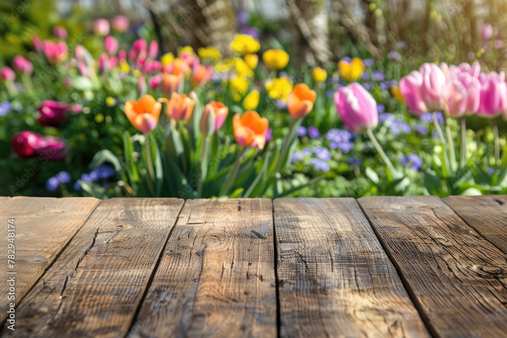 Aufkleber a wooden table with a bunch of flowers in the background. suitable for various design projects