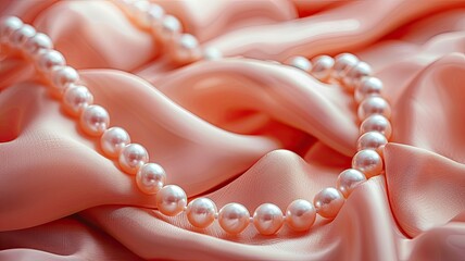 a soft and smooth pink silk fabric adorned with delicate pearls scattered across its surface, set against an elegant backdrop reminiscent of a refined jewelry display stand.