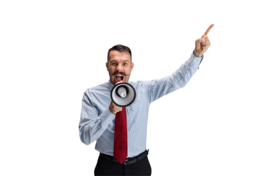 Young businessman, entrepreneur aggressively shouting to megaphone and pointing raising hand against transparent background. Concept of business, work, human emotions, facial expression, sales, ad.