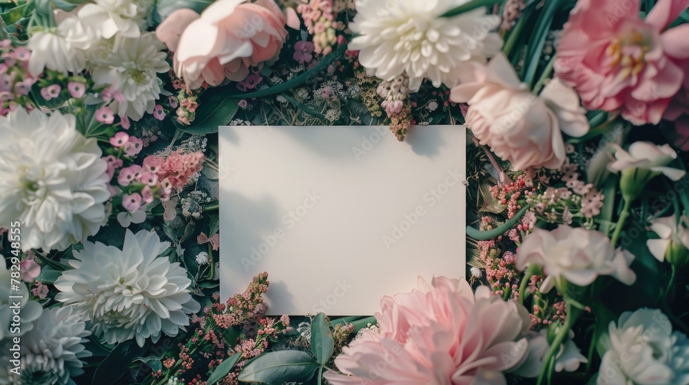 Poster a picture frame surrounded by flowers and greenery. perfect for adding a touch of nature to your hom