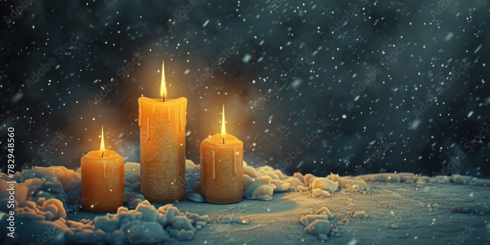 Wall mural Three candles on snow, suitable for winter themes