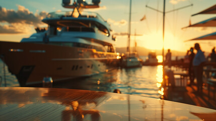 Edge of a table overlooking a yatch club in golden hour lighting. 