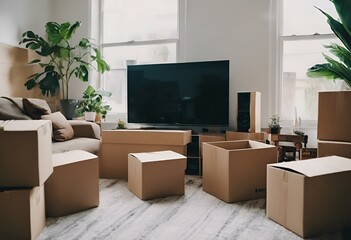 AI generated illustration of moving boxes scattered in a living room around a large TV - obrazy, fototapety, plakaty