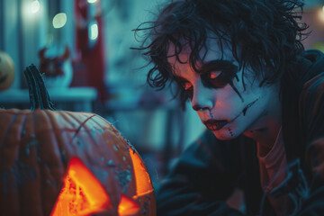 Zombie Makeup Boy Gazing at Glowing Jack-o-Lantern in Halloween Night - obrazy, fototapety, plakaty
