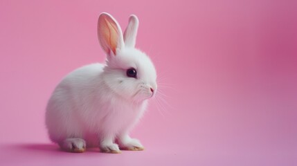 Fototapeta premium A white rabbit sitting on a pink surface. Ideal for Easter-themed designs