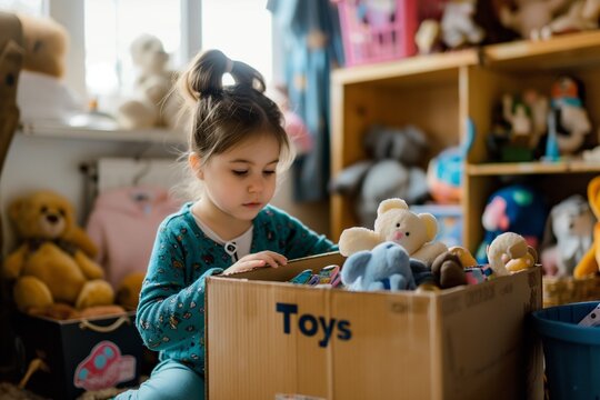 a child playing with toys in the room with teddy bears