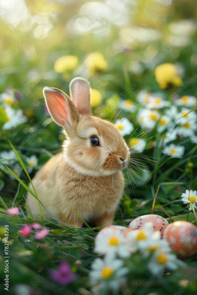 Poster a small rabbit sitting in a field of colorful flowers. perfect for nature and wildlife themes