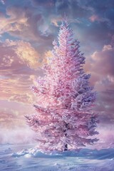 A vibrant pink Christmas tree standing out in a snowy landscape. Perfect for holiday and winter-themed designs