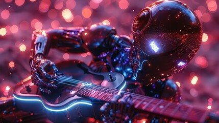 An artificially intelligent robotic musician plays the guitar at a concert. An electric guitar knocks out sparks as a cyborg rocker kneels to perform rock music.