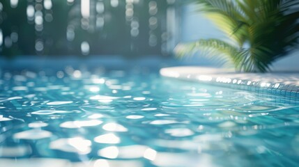 Obraz premium A serene pool with a palm tree in the background. Suitable for travel and leisure concepts